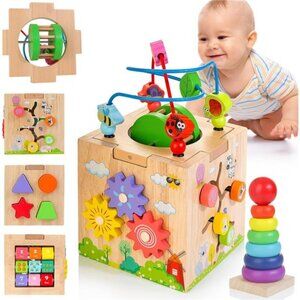 Activity Cube Wooden Montessori Toy, Shape Sorter Developmental Learning Toys